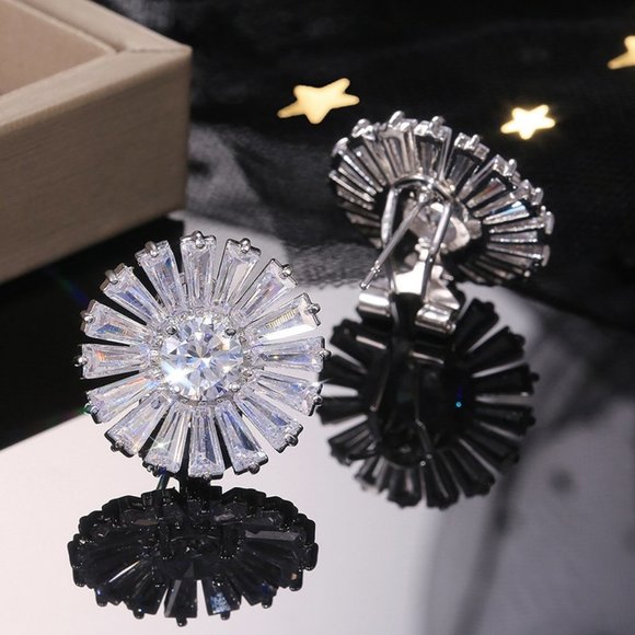 Silver Baguette Round Diamond Sunflower Earrings - Picture 9 of 9